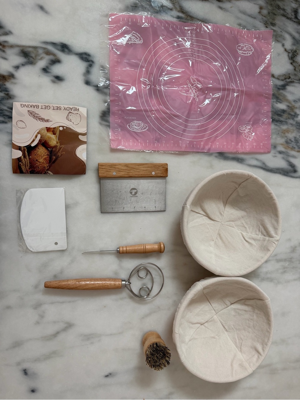 Baking Tool Set with Pink Silicone Pastry Mat and Cotton Proofing Baskets